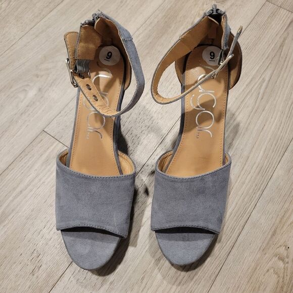 Sugar Hamptons Womens Gray Covered  Peep Toe Ankle Strap Back Zip Wedge Size 9 - Picture 5 of 16